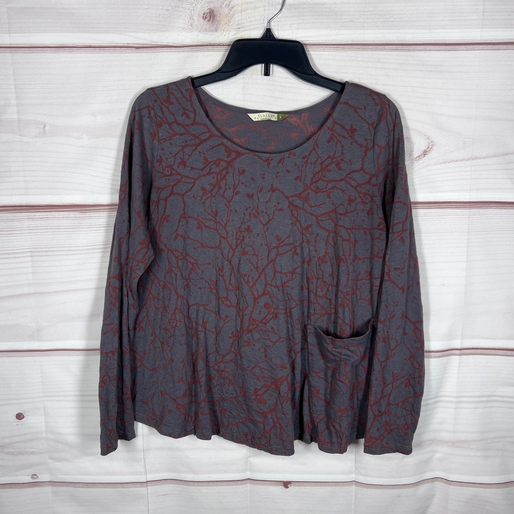 Chalet et Ceci Top Womens Small Gray Branch Print Long Sleeve Pocket Lagenlook